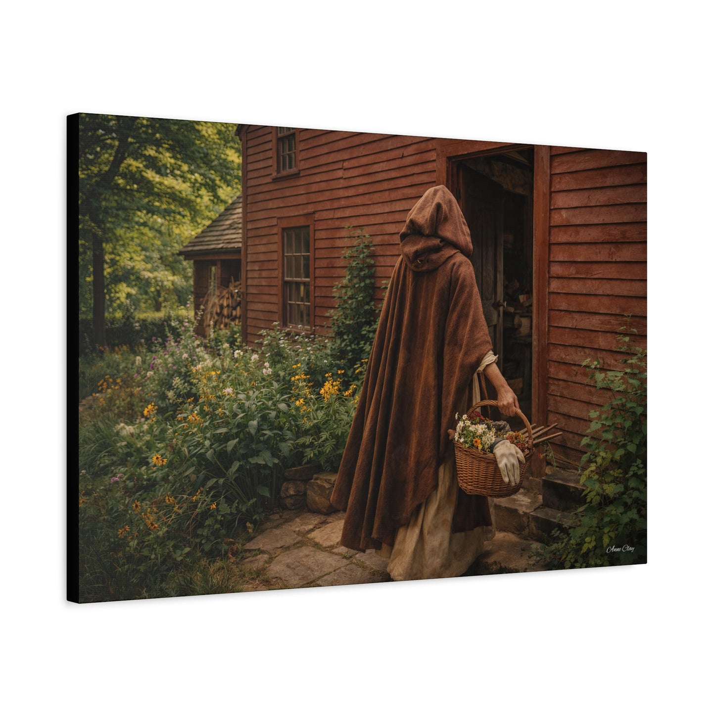 Domestic Rustic Cottage Woman Canvas Wall Art – Vintage Cloak & Basket Matte Stretched Print