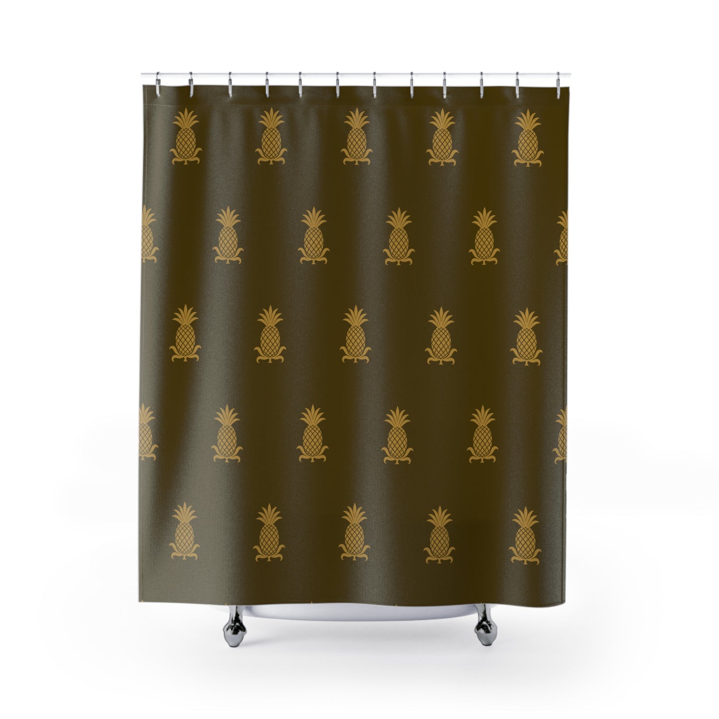 Mustard Pineapple on Green/Brown Background Shower Curtains