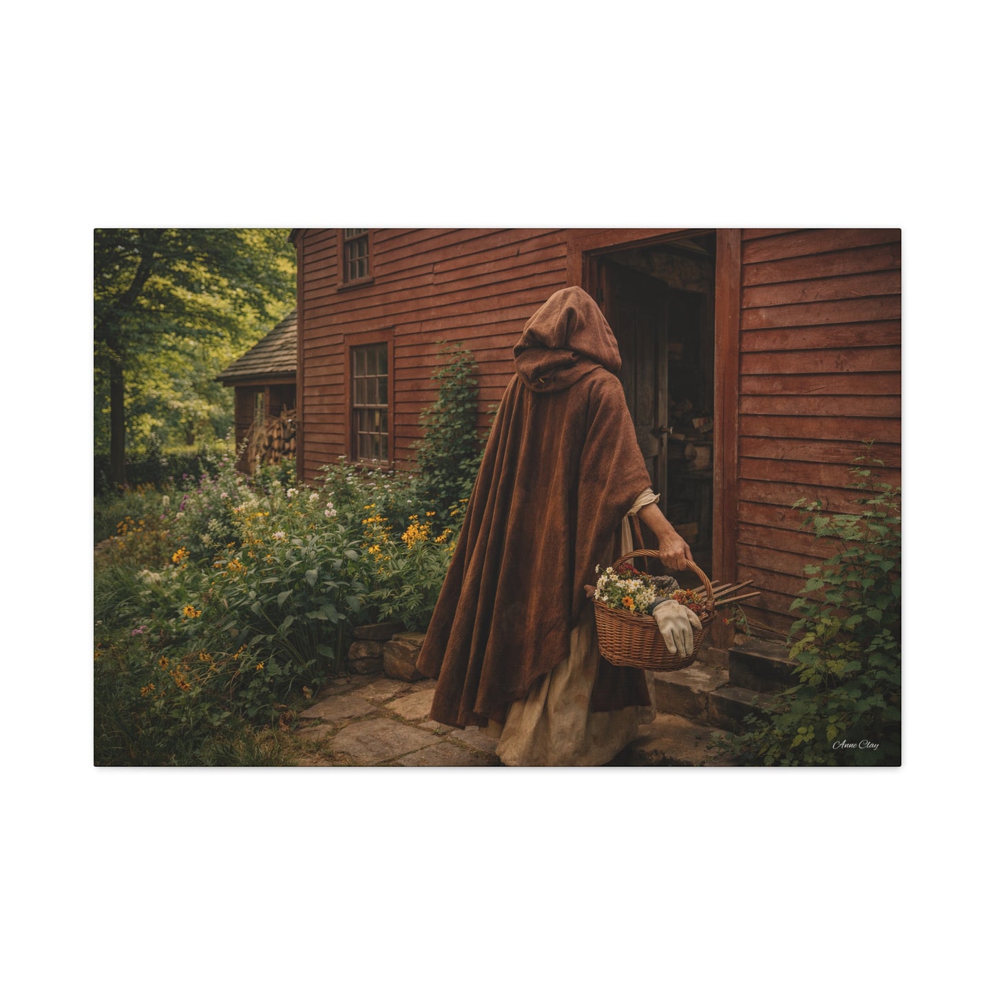 Domestic Rustic Cottage Woman Canvas Wall Art – Vintage Cloak & Basket Matte Stretched Print