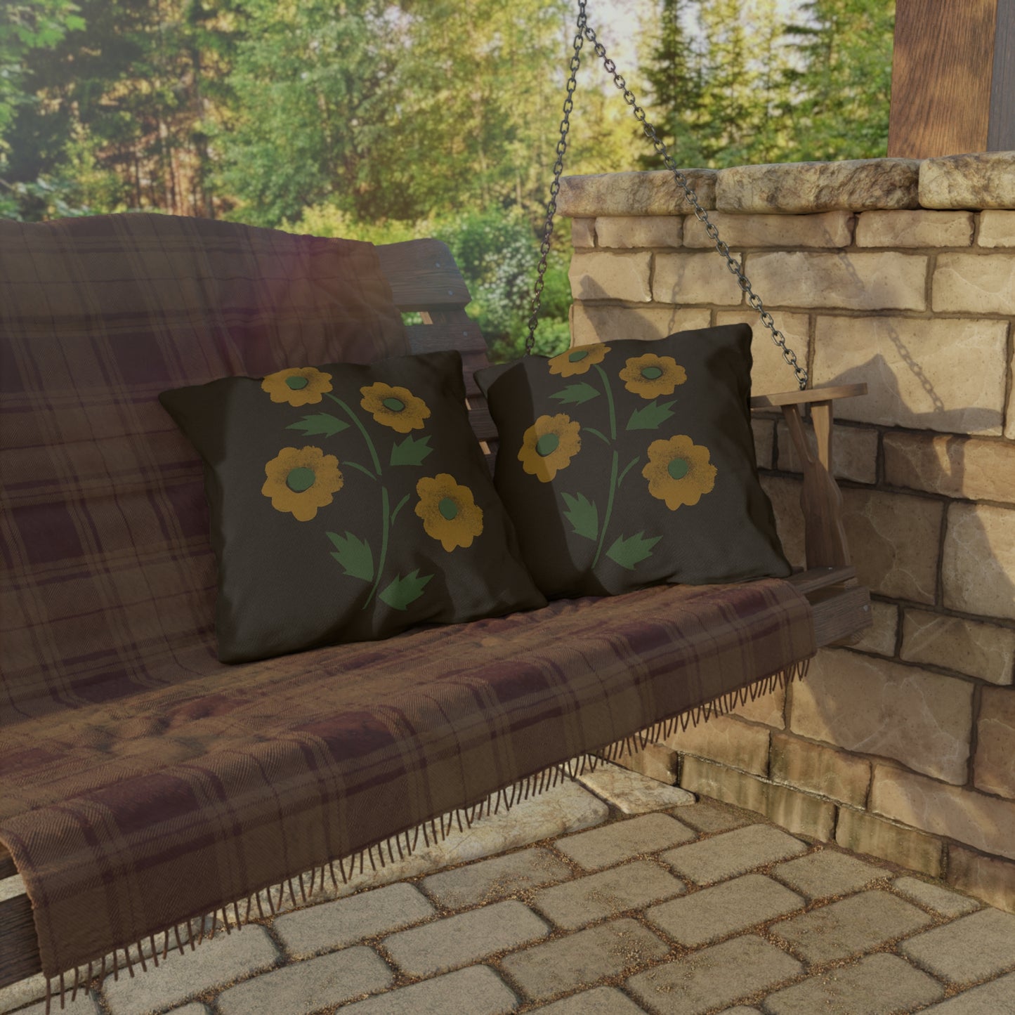 Stencil Flowers on Brown Outdoor Pillows