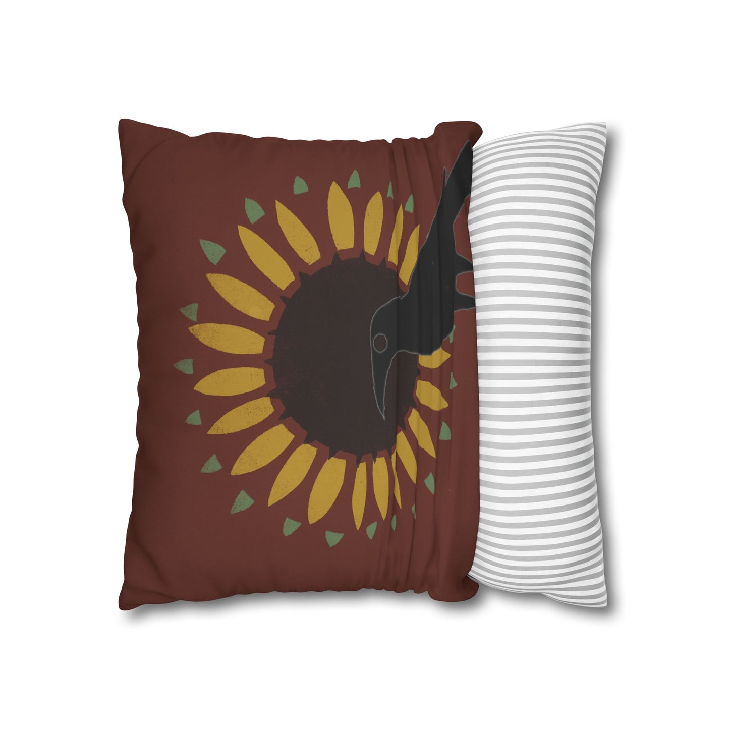 Crow and Sunflower Stencil on Red Square Poly Canvas Pillowcase
