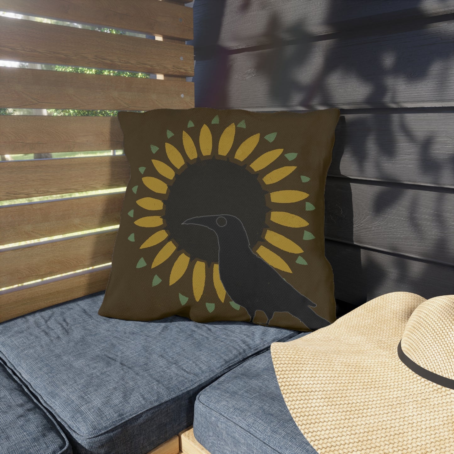 Crow. andSunflower on Brown Green Outdoor Pillows