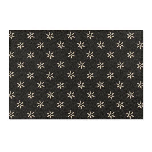 Large Cream Stencil Petals on Black Stylish Floral Area Rug, Cozy Home Decor, Modern Living Room Accent,