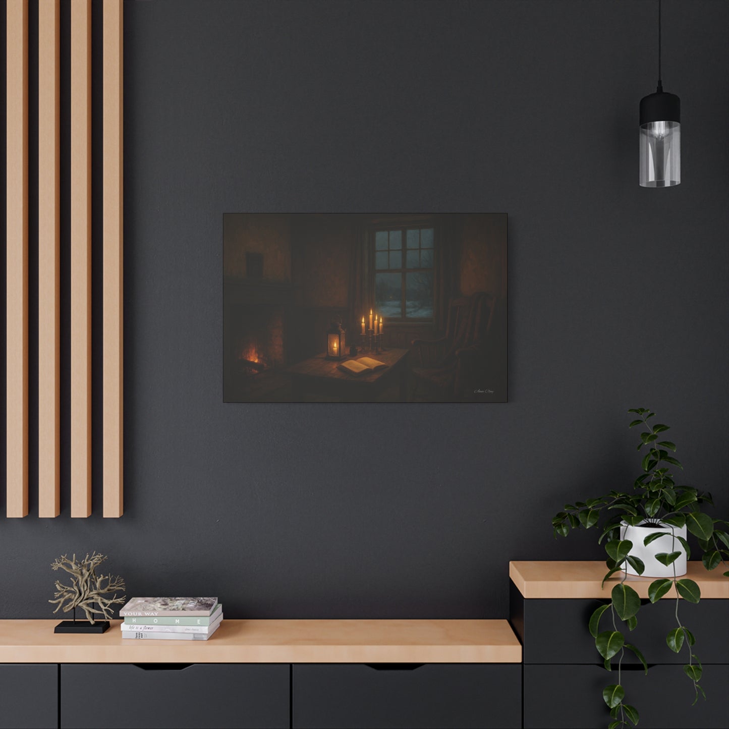 Cozy Candlelit Canvas Art, Home Decor, Warm Atmosphere, Gift for Book Lovers, Rustic Wall Art, Cozy Living Room Decor