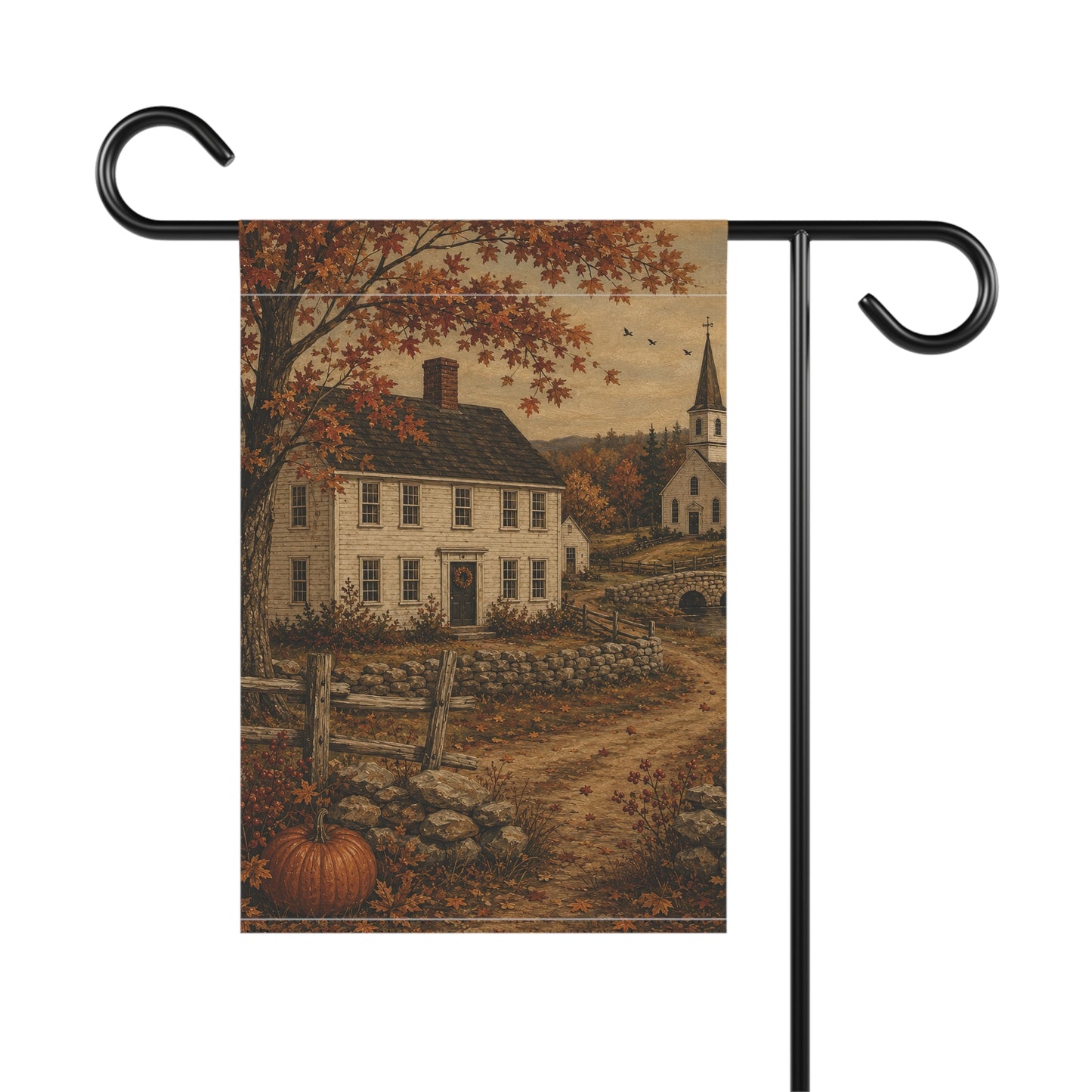Autumn Country House Garden Flag — Rustic Fall Pumpkin & Church Yard Banner