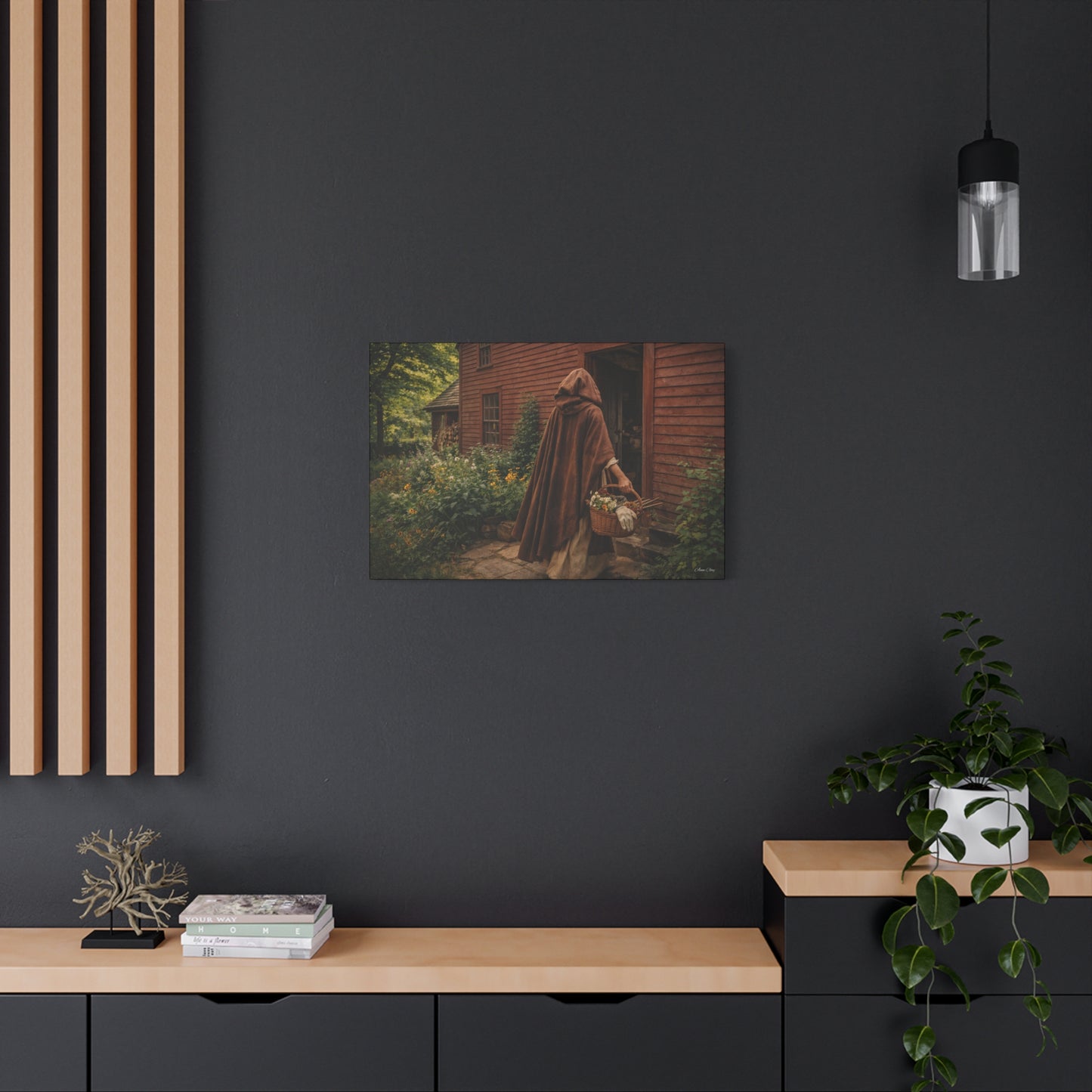 Domestic Rustic Cottage Woman Canvas Wall Art – Vintage Cloak & Basket Matte Stretched Print