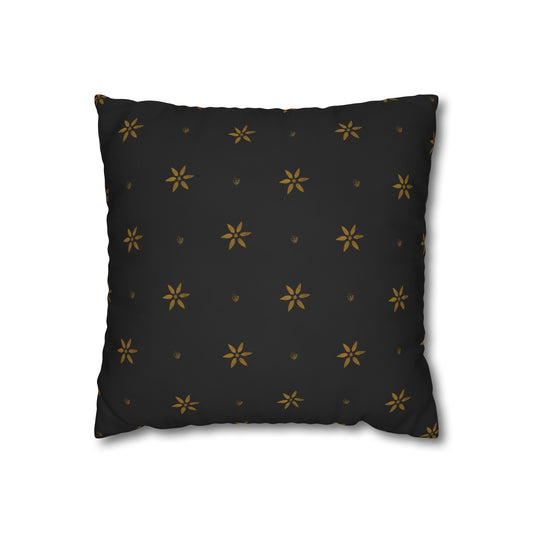 Stencilled Mustard Petals on Black Square Poly Canvas Pillowcase