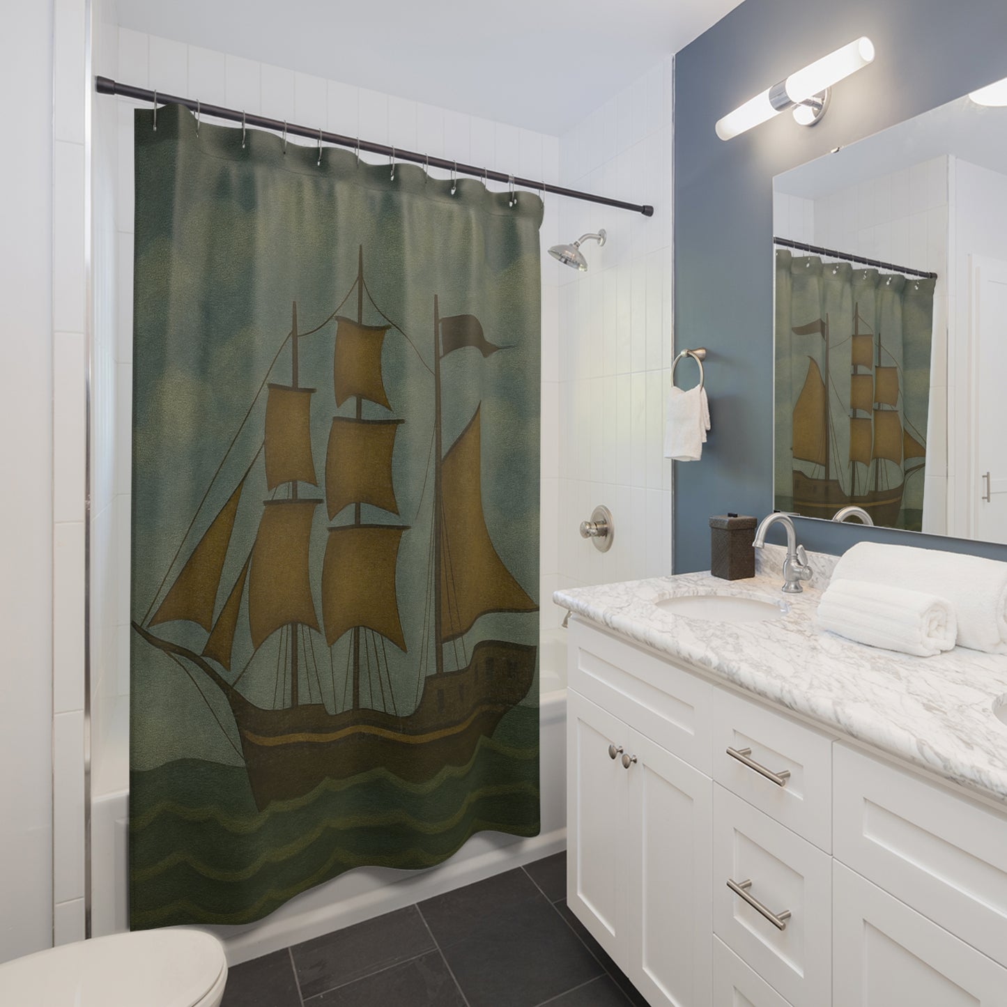 Nautical Ship Shower Curtain, Ocean Decor, Bathroom Accessory, Maritime Theme, Sailor Gift, Elastic Hooks Included
