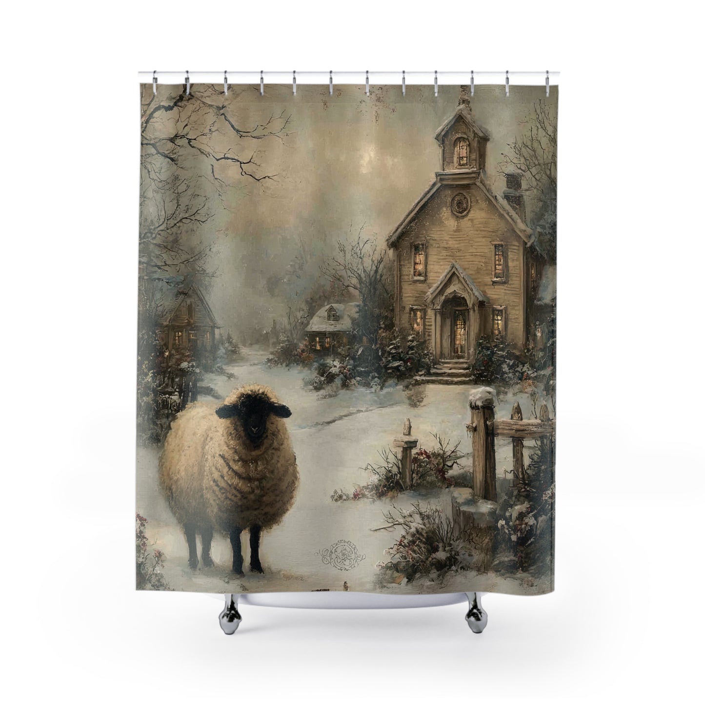Cozy Winter Shower Curtain, Rustic Bathroom Decor, Sheep and Winter Landscape, Farmhouse Style, Holiday Gift Idea