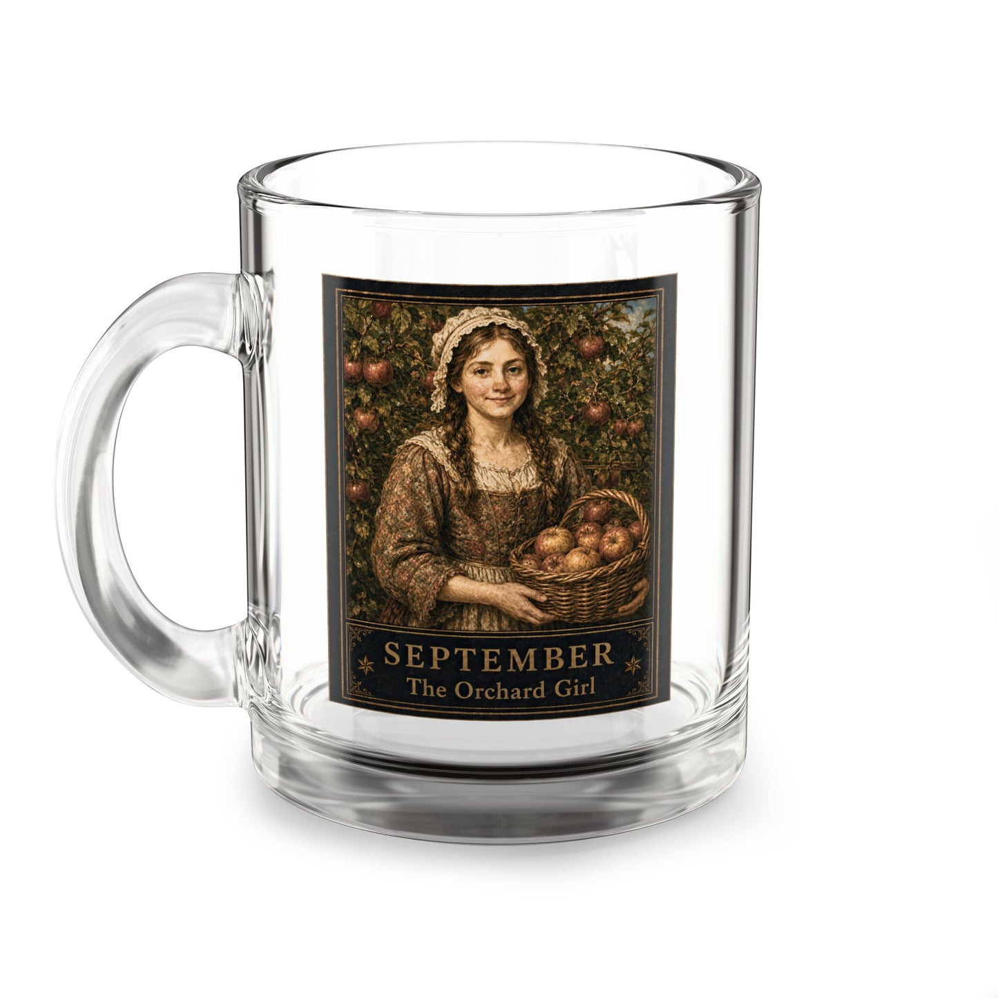 September Orchard Girl Glass Mug — 10oz Vintage Harvest Tea & Coffee Cup