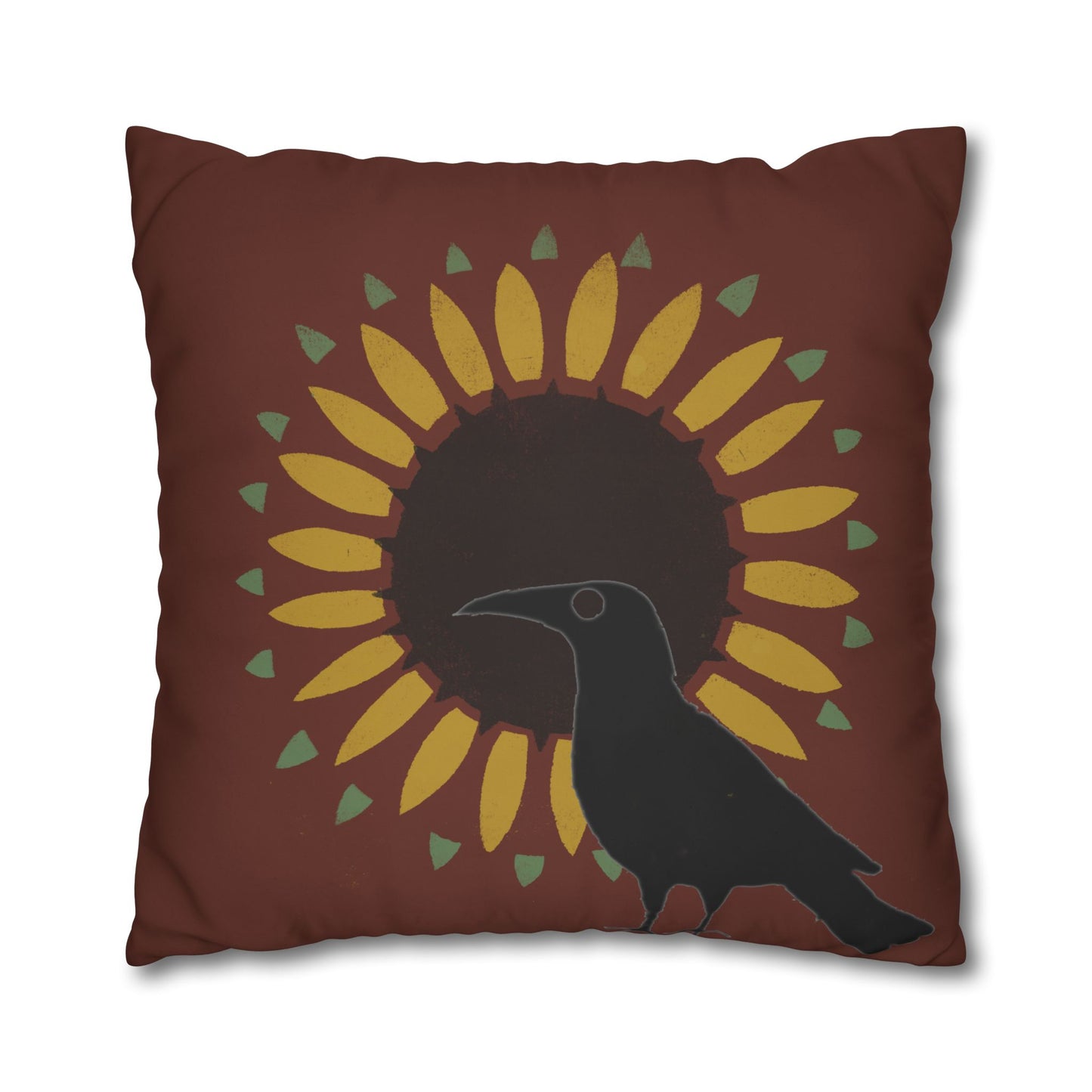 Crow and Sunflower Stencil on Red Square Poly Canvas Pillowcase