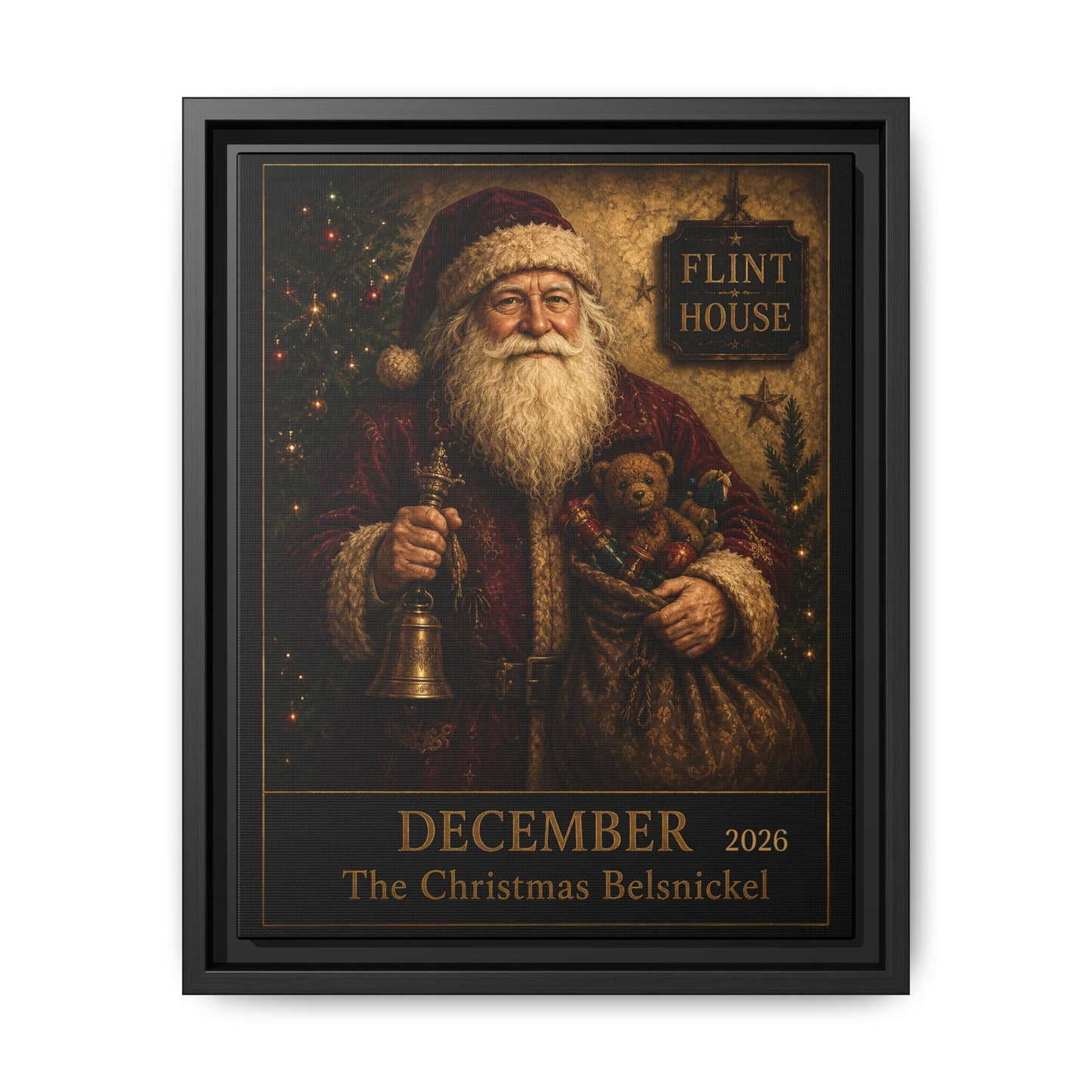 Framed Vintage Santa Canvas – “December The Christmas Belsnickel” Holiday Wall Art FLINT HOUSE COLLECTIONS