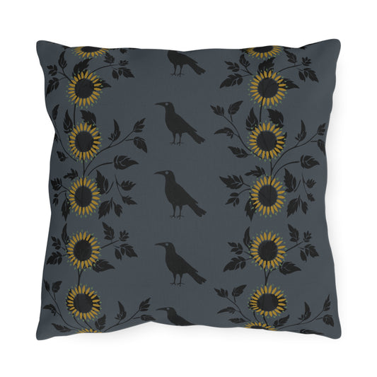 Sunflowers and Crows on Blue Outdoor Pillows