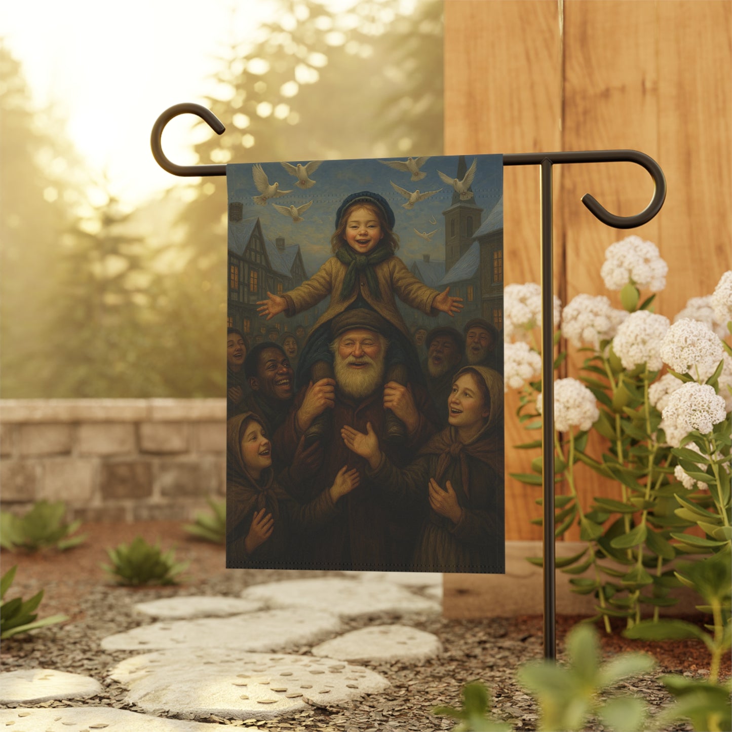 Whimsical Garden Banner with Family Scene