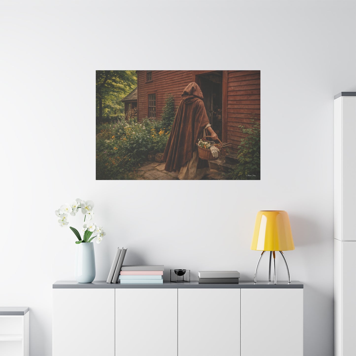 Domestic Rustic Cottage Woman Canvas Wall Art – Vintage Cloak & Basket Matte Stretched Print