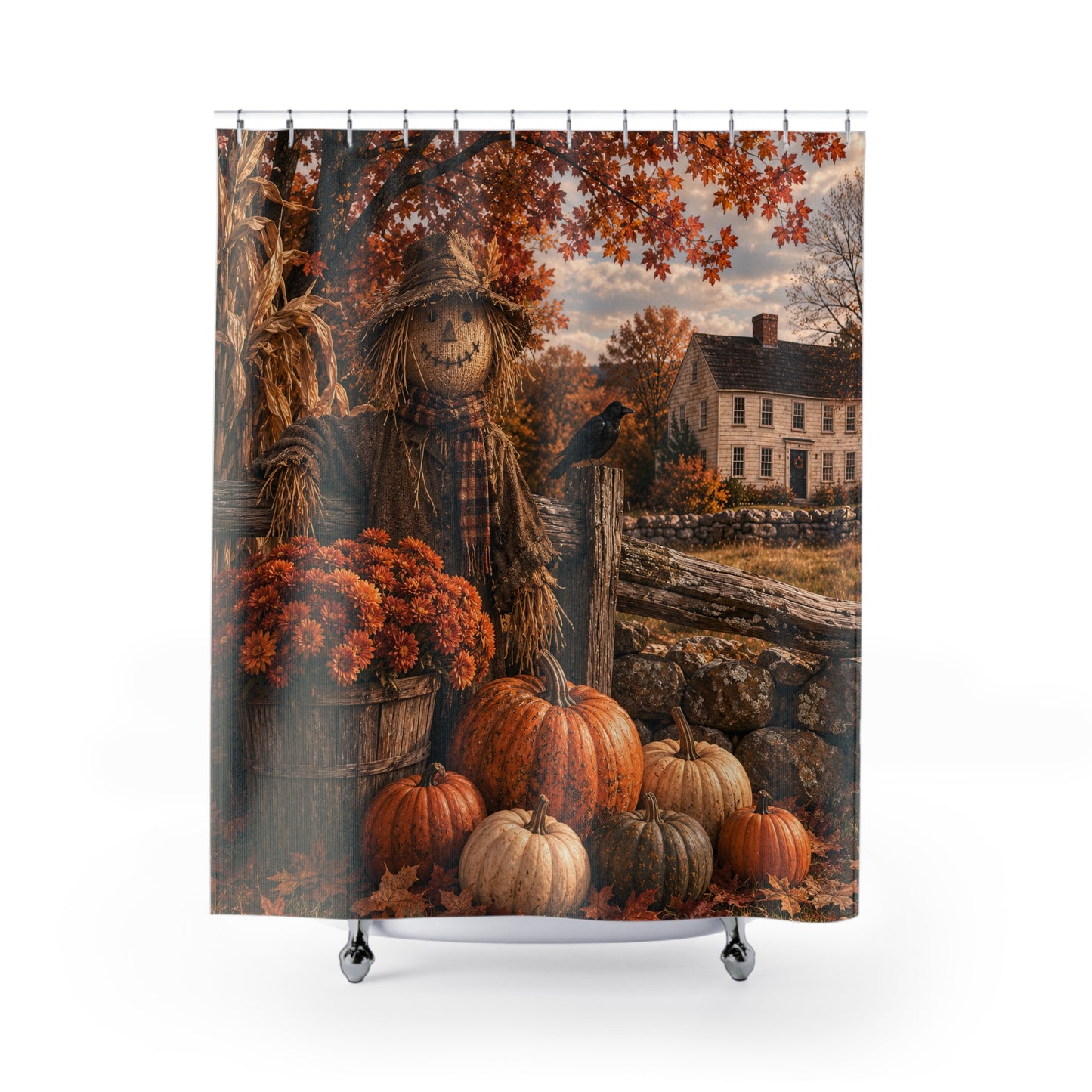 Autumn Scarecrow Shower Curtain — Rustic Fall Pumpkin Farm Bathroom Decor