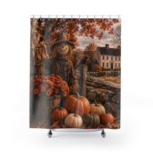 Autumn Scarecrow Shower Curtain — Rustic Fall Pumpkin Farm Bathroom Decor