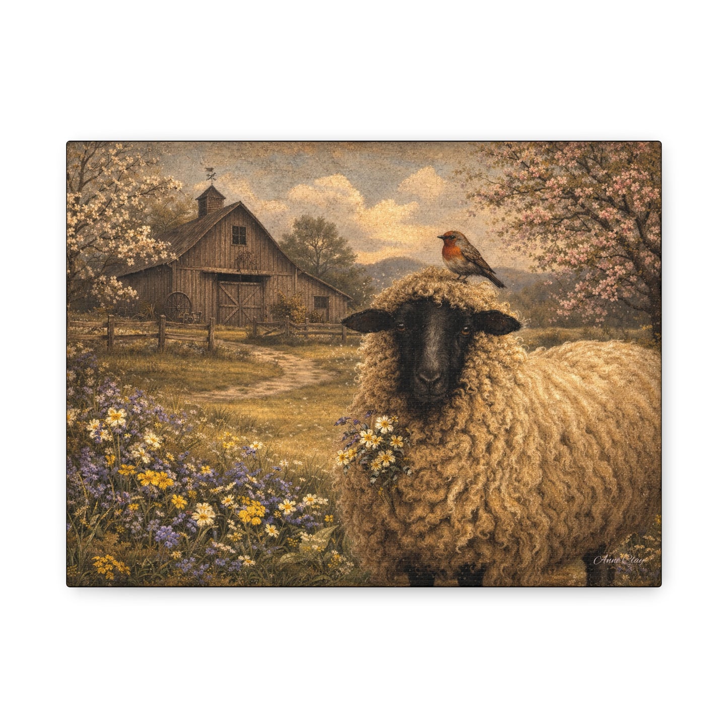 Sheep in Spring Matte Canvas Wall Art — Rustic Barn & Robin Farmhouse Decor