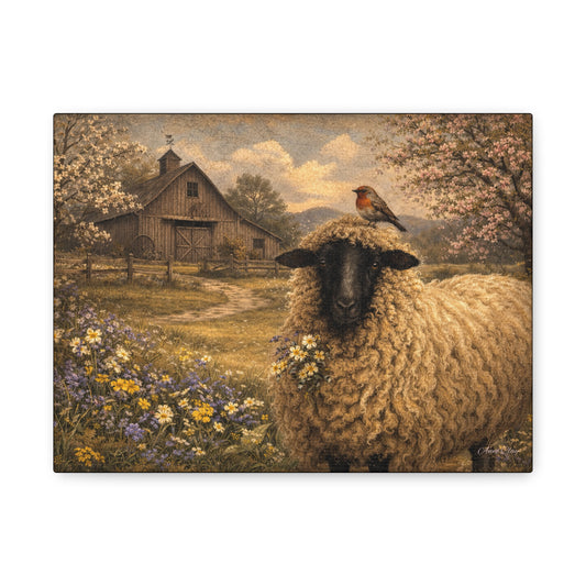 Sheep in Spring Matte Canvas Wall Art — Rustic Barn & Robin Farmhouse Decor