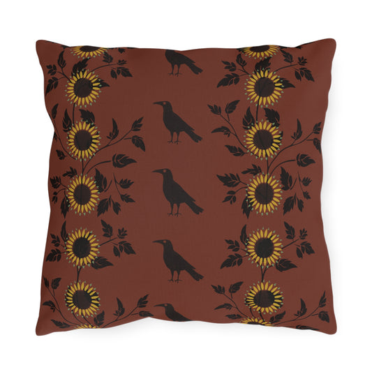 Sunflowers and Crows on Red Outdoor Pillows