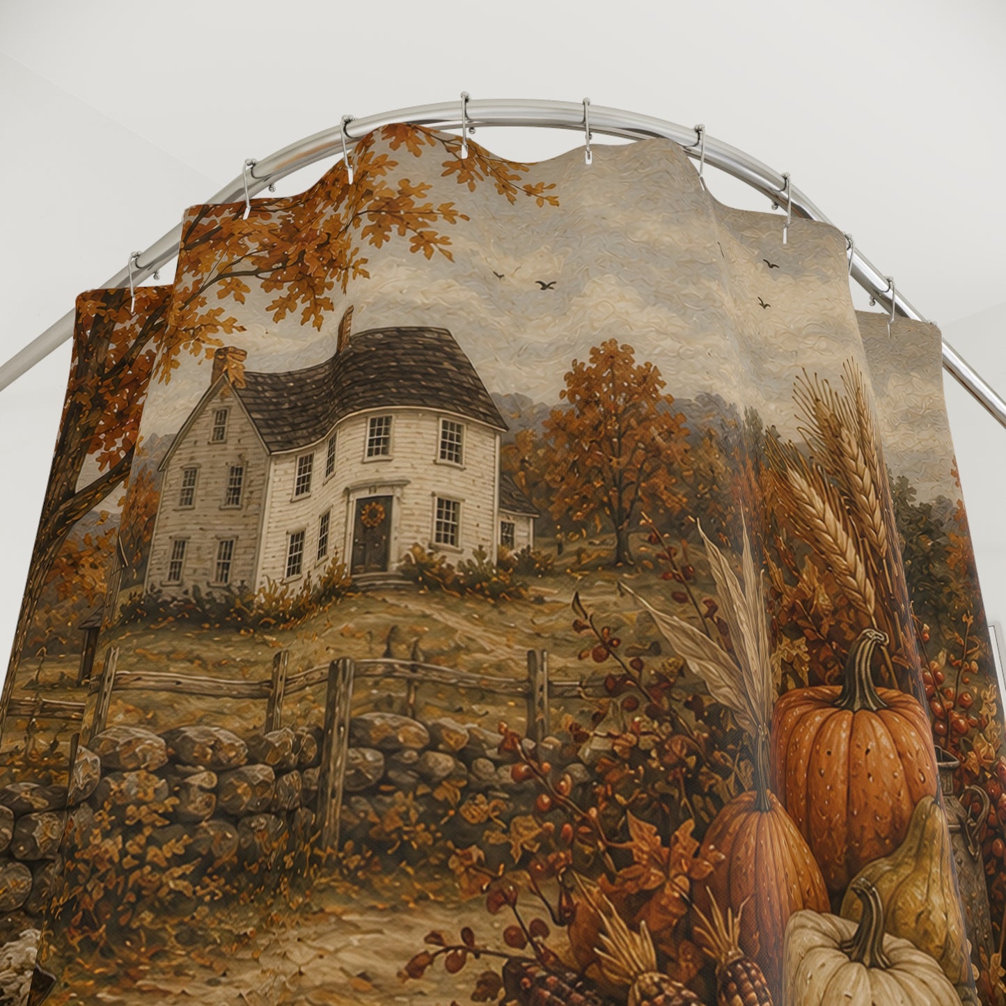 Autumn Harvest Shower Curtain — Rustic Farmhouse Fall Pumpkins & Hay Wagon Bath Decor