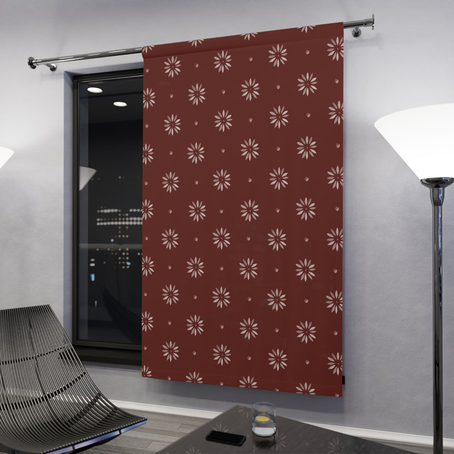 Maroon and White Large Stencil Window Curtains (1 Piece)
