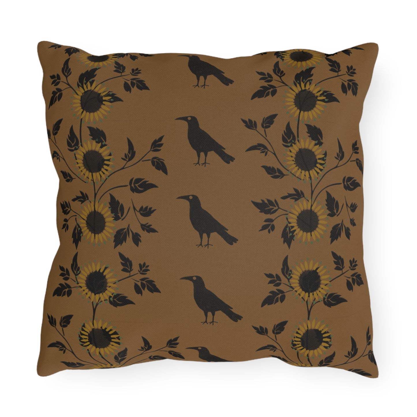 Sunflower and Crows on Gold Outdoor Pillows