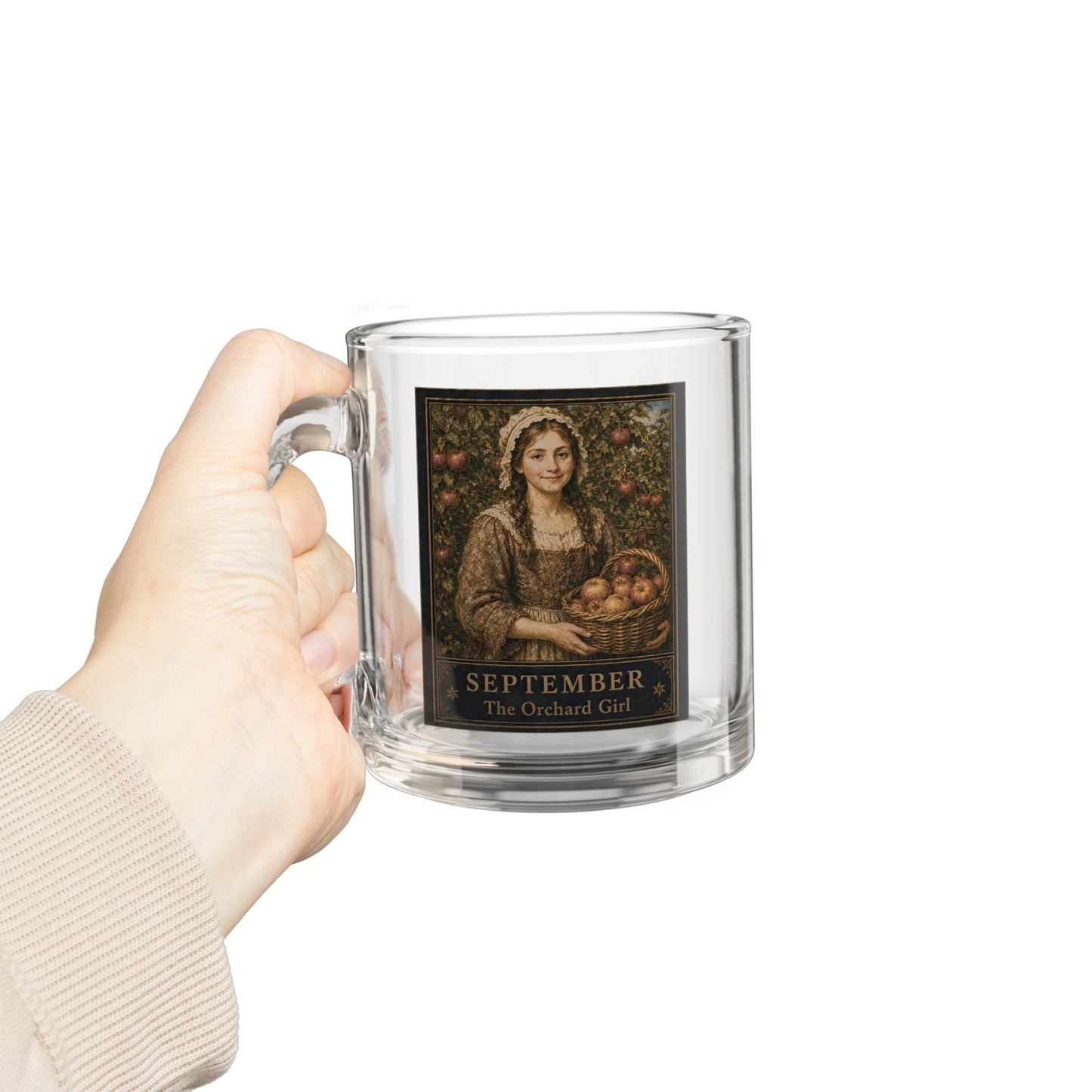 September Orchard Girl Glass Mug — 10oz Vintage Harvest Tea & Coffee Cup