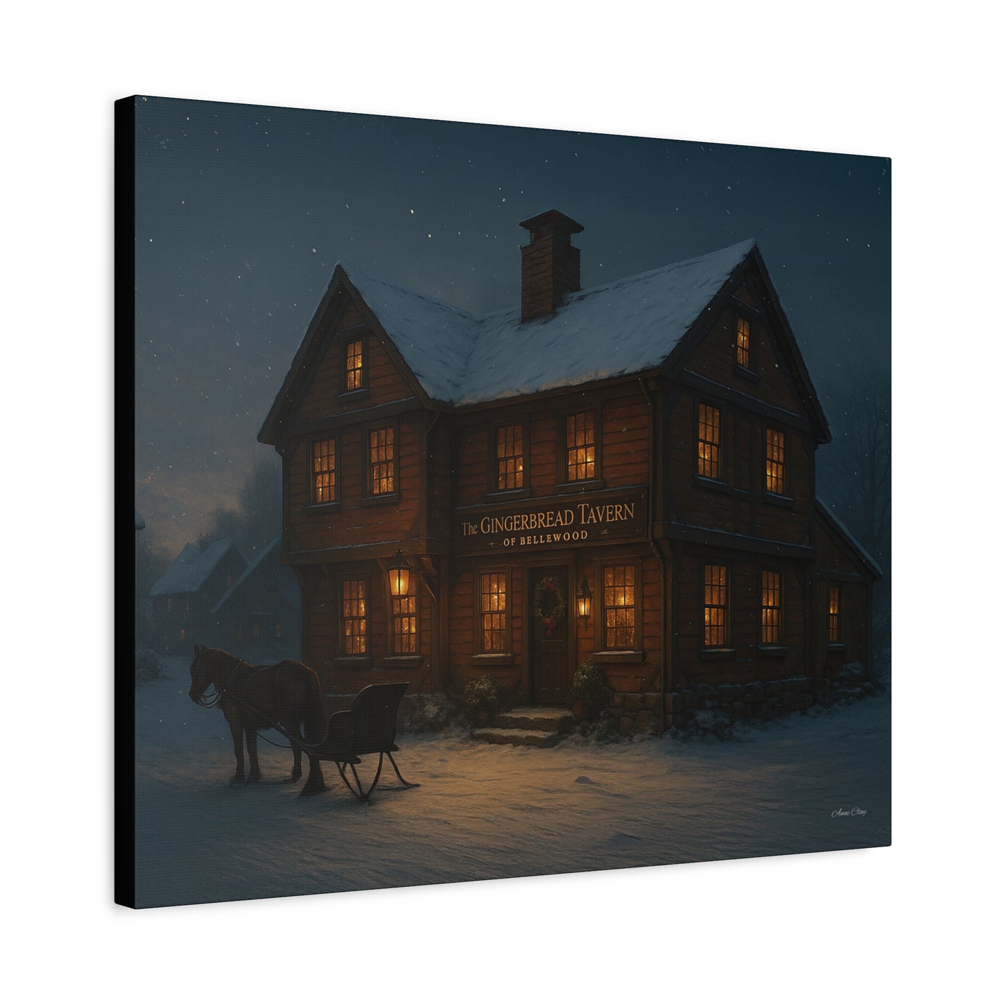 Gingerbread Tavern Winter Night Matte Stretched Canvas