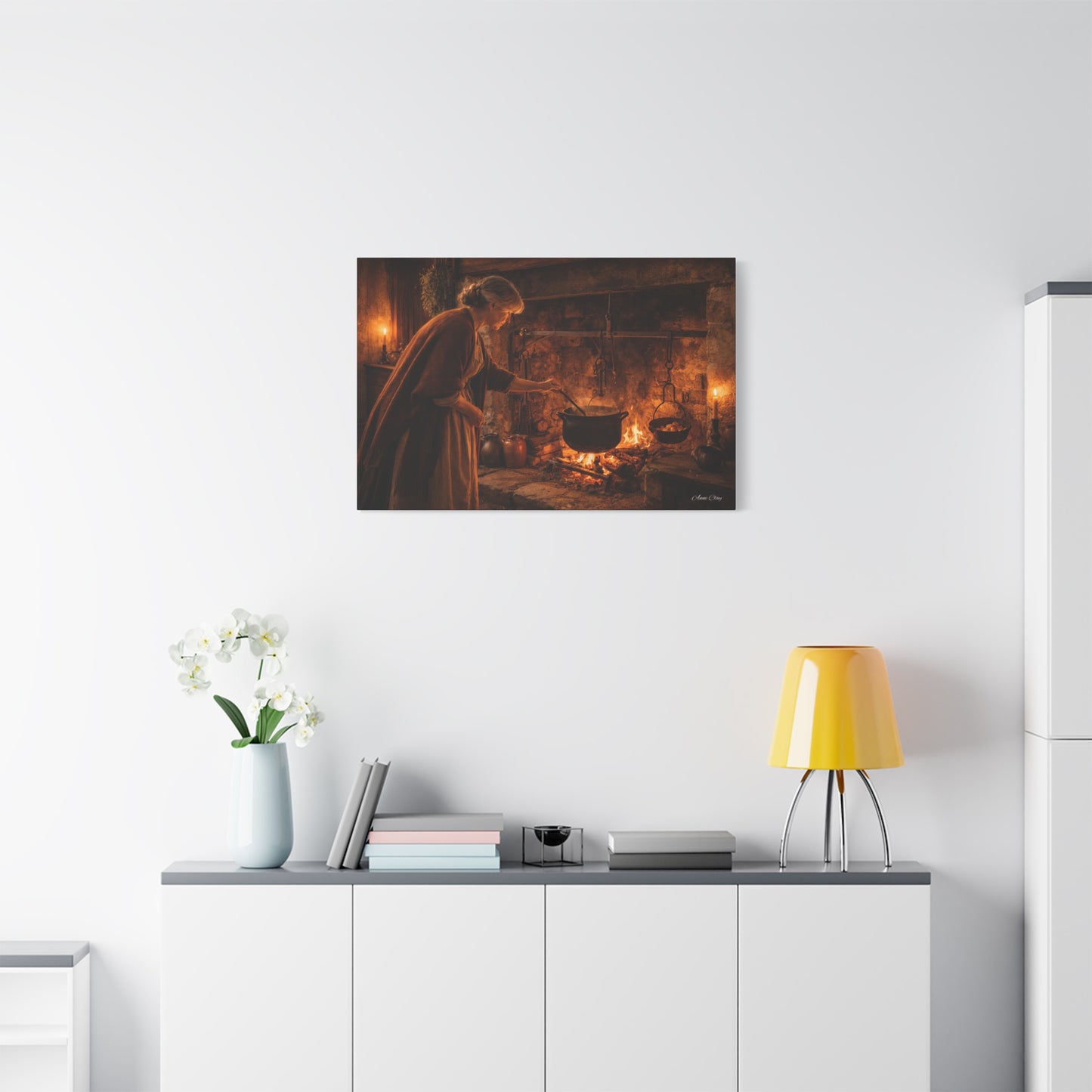 Domestic Colonial Woman at Hearth Matte Canvas