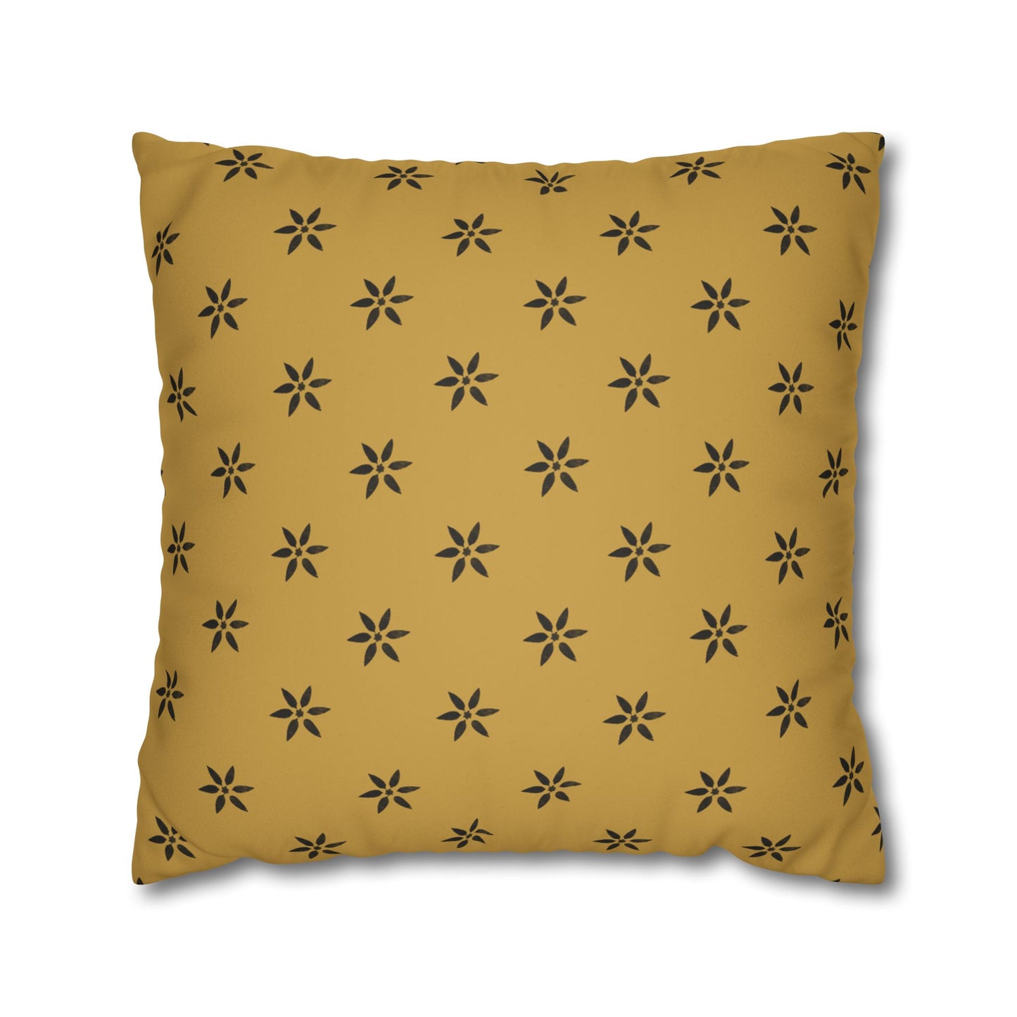 Black 6 Pointed Petal Stencil on Gold Faux Suede Square Pillowcase