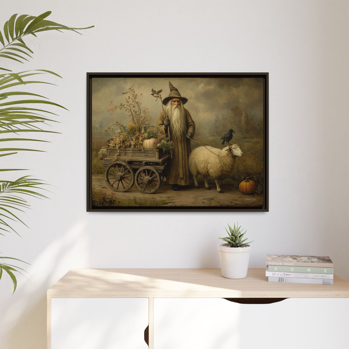 Autumn Harvest Canvas Art, Framed Wall Decor, Fall Home Decor, Witch Art for Halloween, Rustic Farmhouse Decoration, Seasonal Wall Hanging