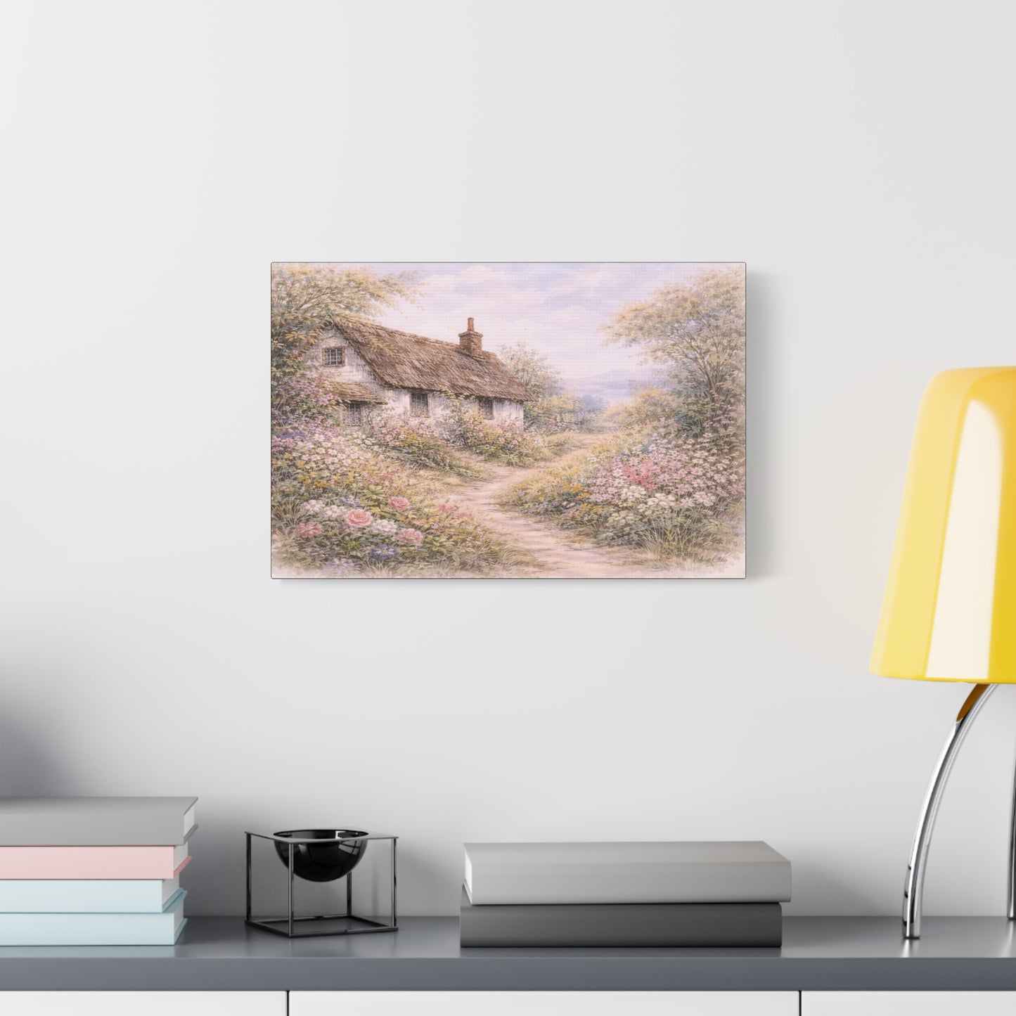 Cottage Garden Matte Canvas Wall Art — Pastel Floral Country Path Print, Stretched 1.25"