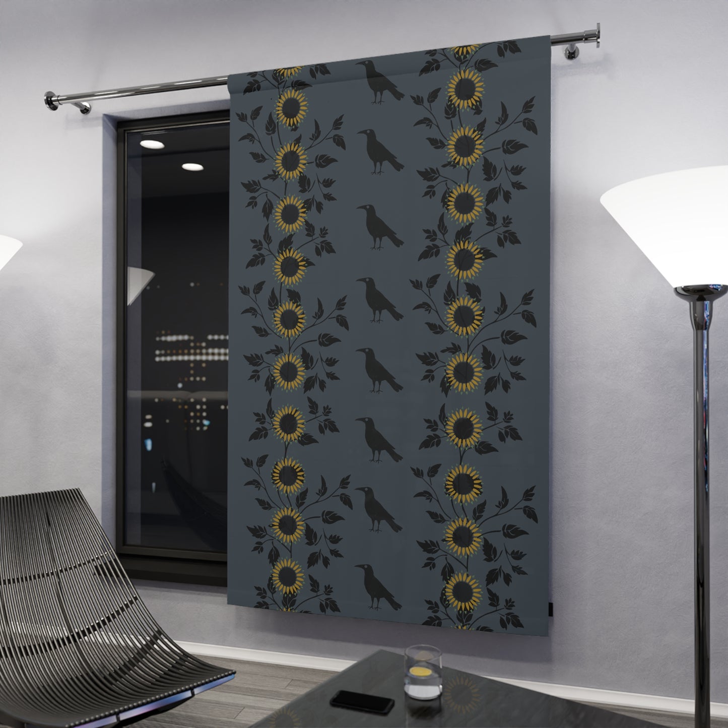 Sunflowers and Crows on Blue Window Curtains (1 Piece)