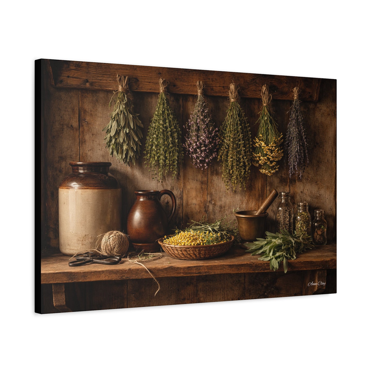 Domestic Rustic Herbal Kitchen Canvas Wall Art — Dried Herbs Still Life Matte Stretched Print