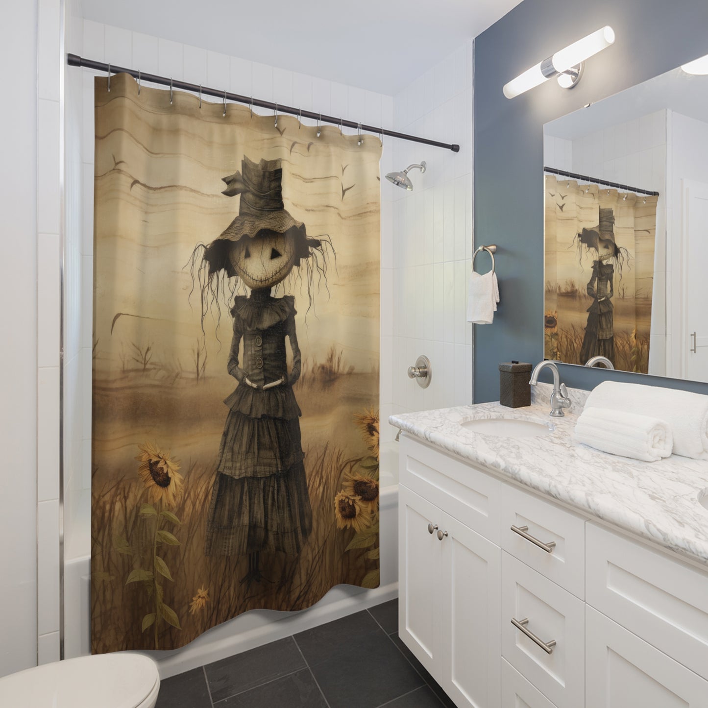 Scarecrow Shower Curtains, Whimsical Home Decor, Fall Bathroom Decor, Scary Chic Aesthetic, Farmhouse Style Accessories