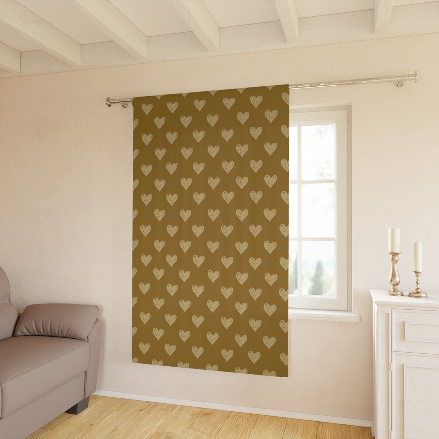 Cream Hearts on Deeper Gold Window Curtains (1 Piece)