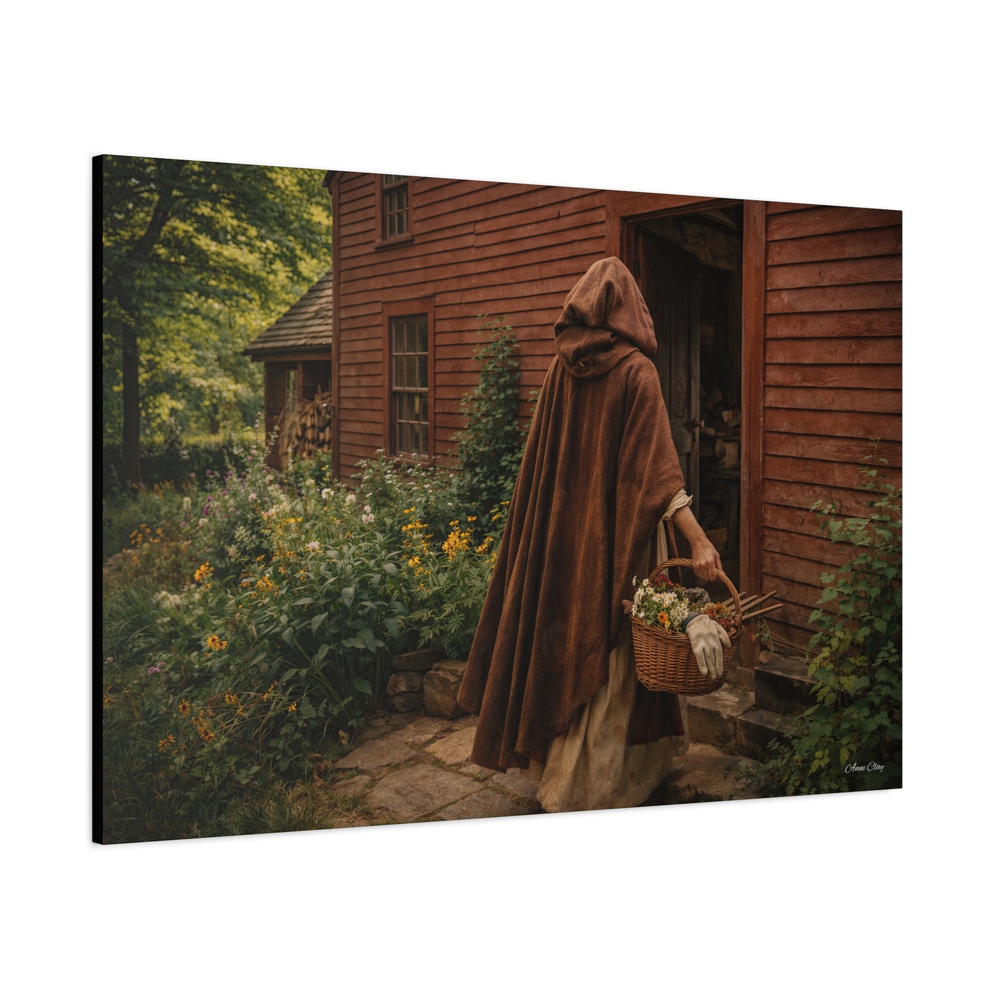 Domestic Rustic Cottage Woman Canvas Wall Art – Vintage Cloak & Basket Matte Stretched Print