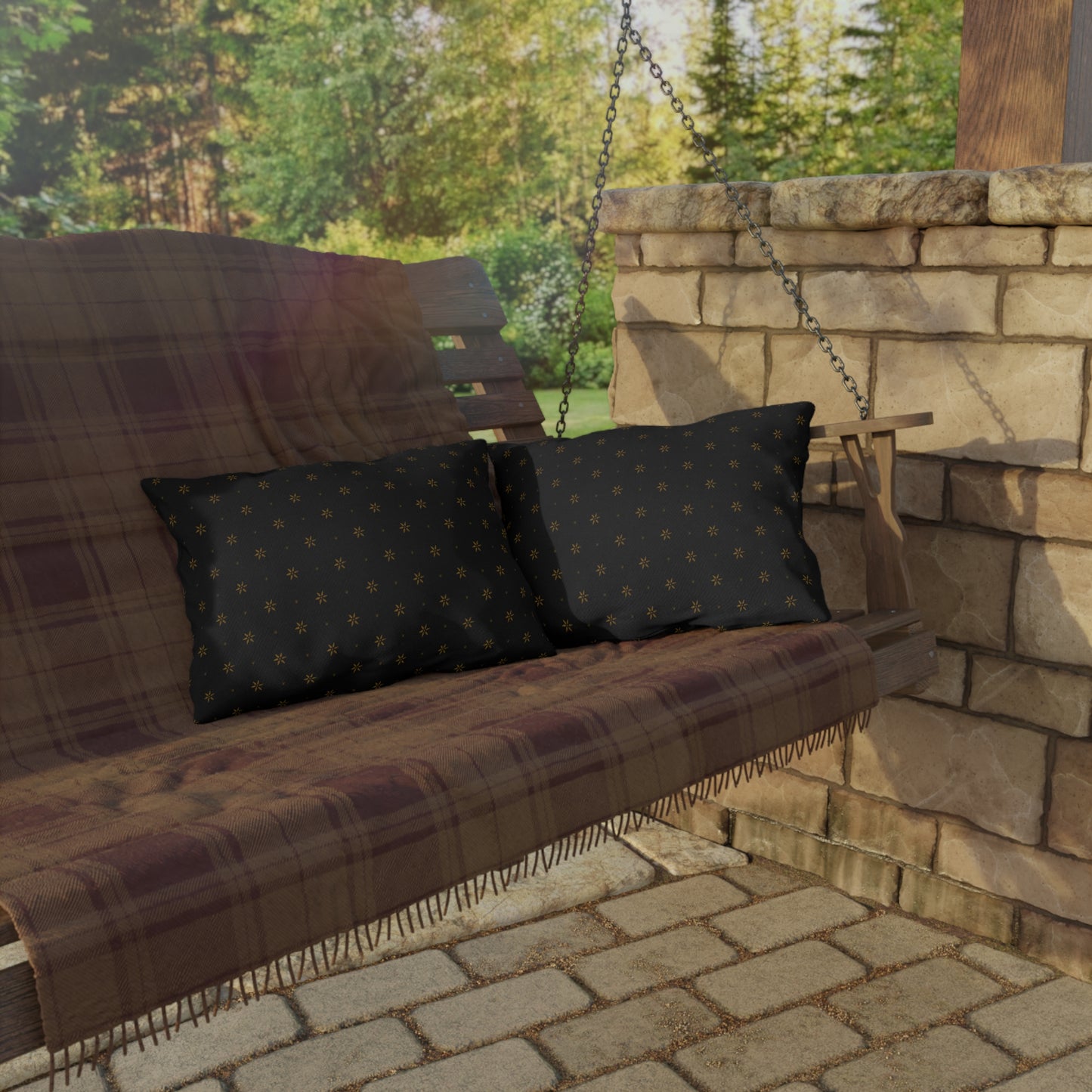 Mustard Petals on Black Outdoor Pillows