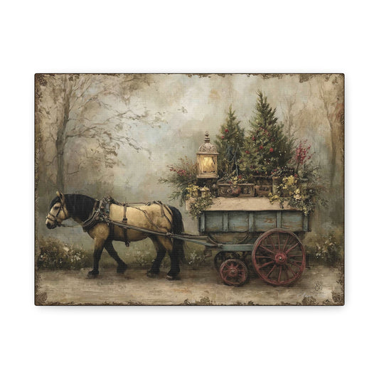 Rustic Horse and Cart Canvas Print, Vintage Farmhouse Wall Art, Christmas Decor, Country Home Decoration, Gift for Animal Lovers