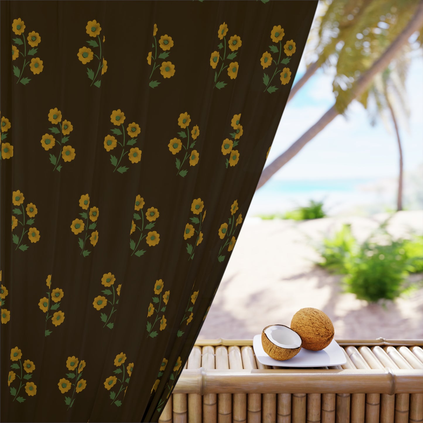 Stencilled Flowers on Brown Window Curtains (1 Piece)