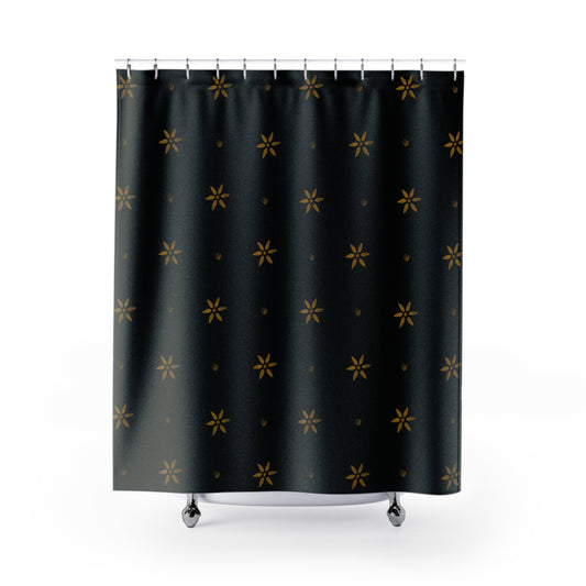 Stenciled Mustard Petals on Black Shower Curtains