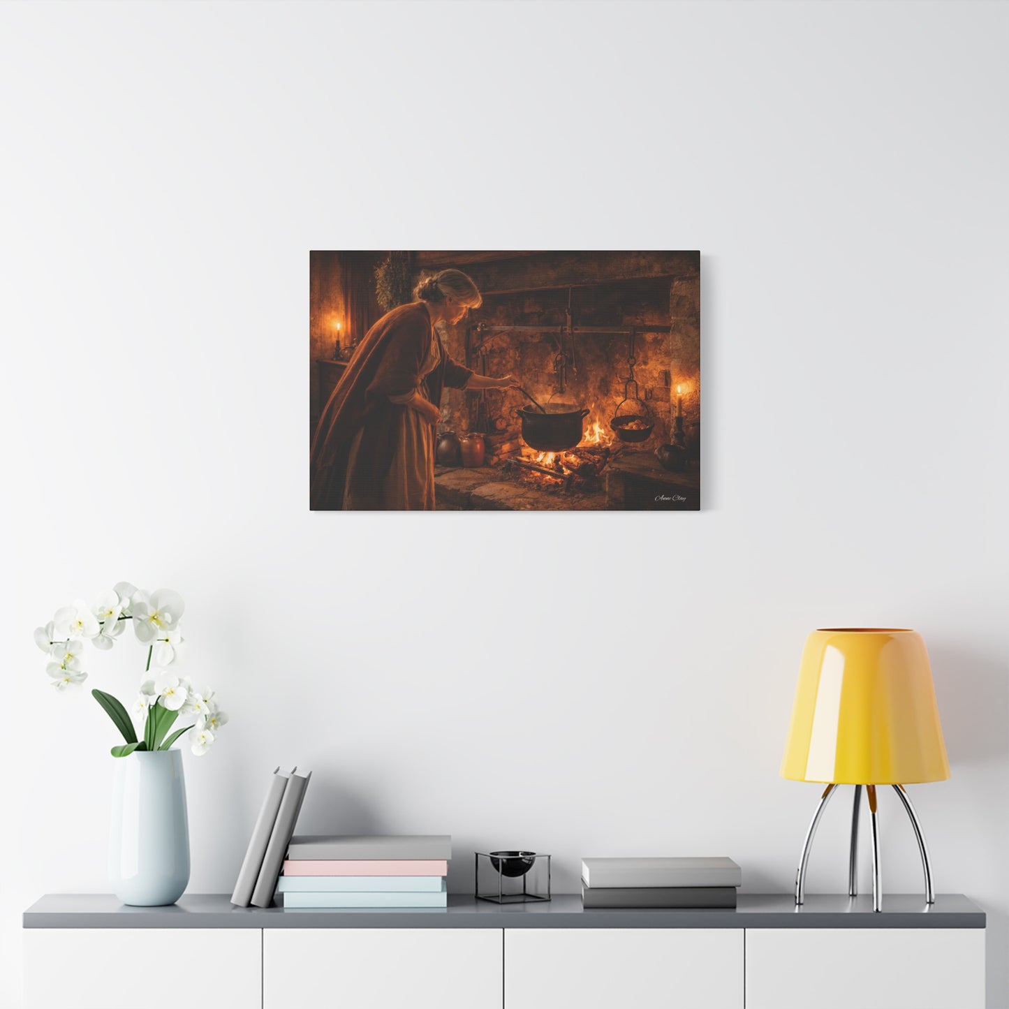 Domestic Colonial Woman at Hearth Matte Canvas