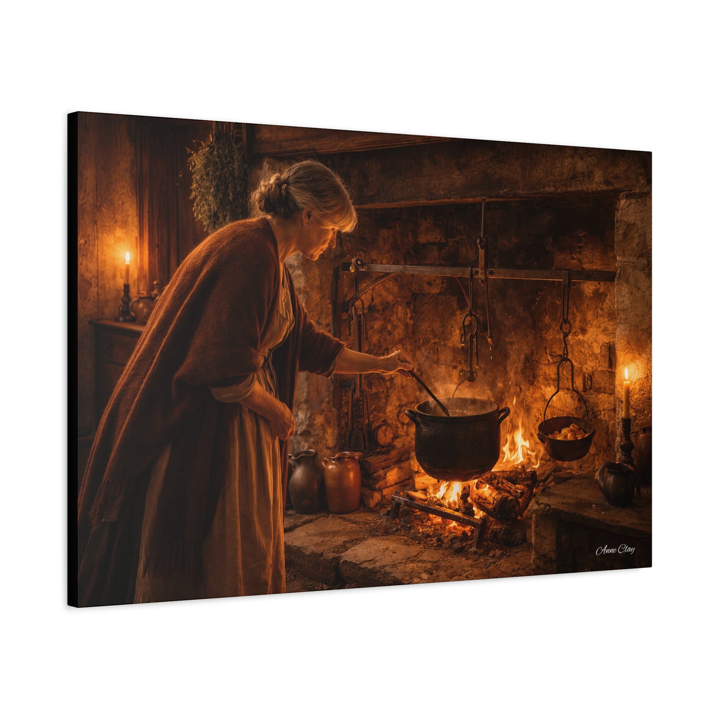 Domestic Colonial Woman at Hearth Matte Canvas