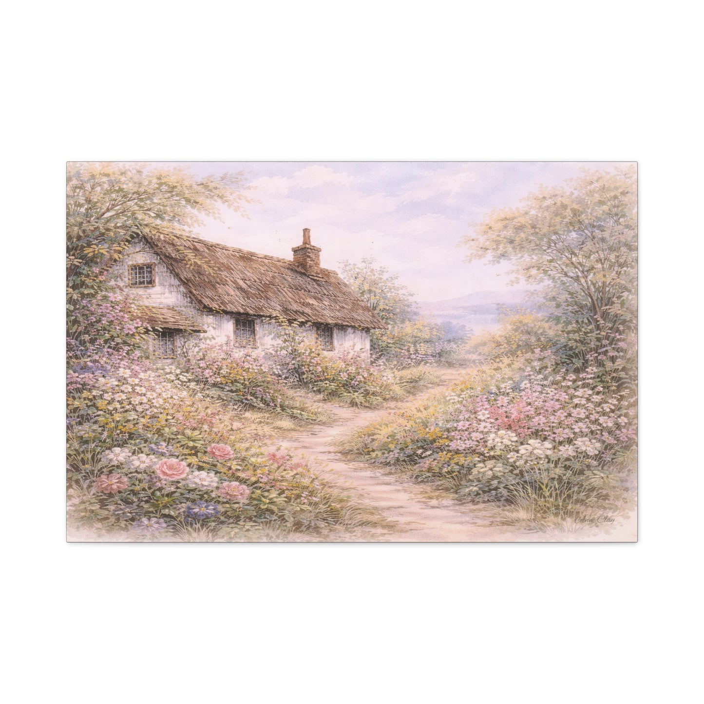 Cottage Garden Matte Canvas Wall Art — Pastel Floral Country Path Print, Stretched 1.25"