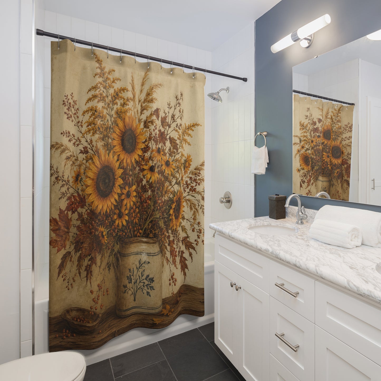 Sunflower Bouquet Shower Curtain — Rustic Floral Farmhouse Bathroom Decor
