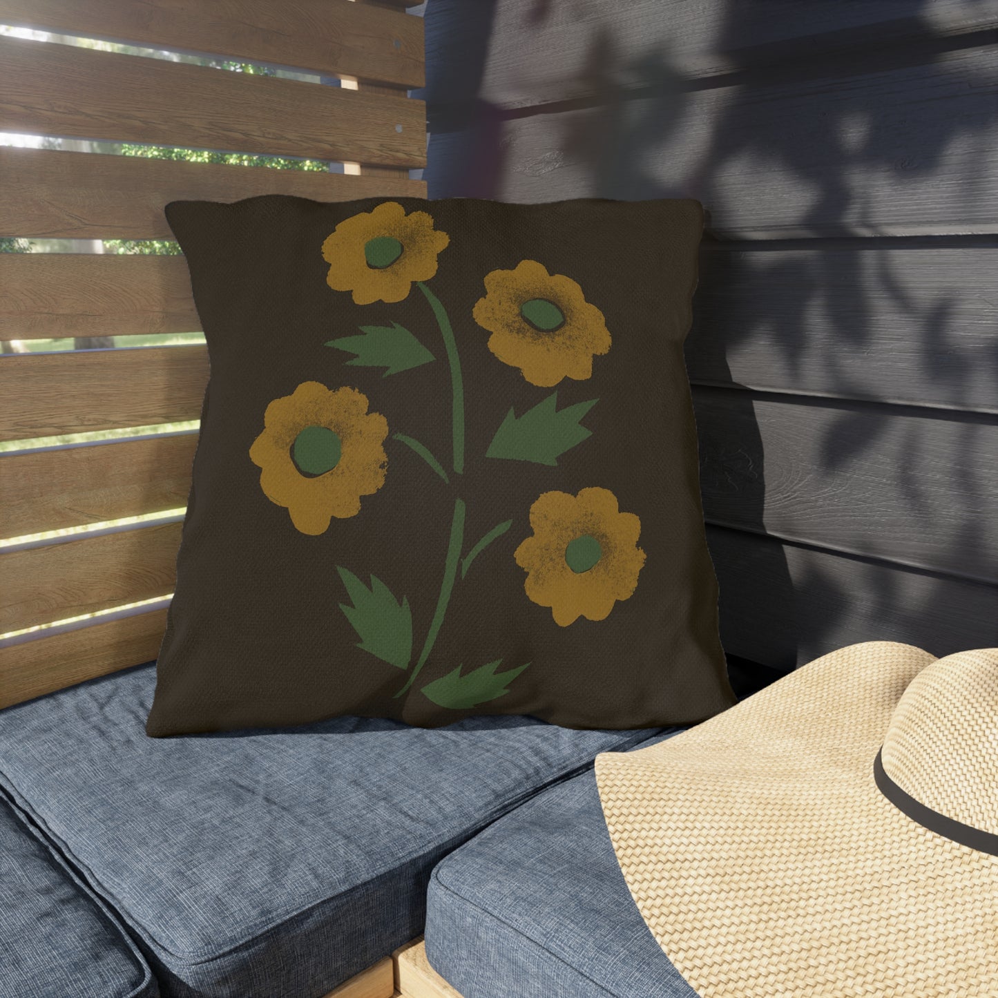 Stencil Flowers on Brown Outdoor Pillows