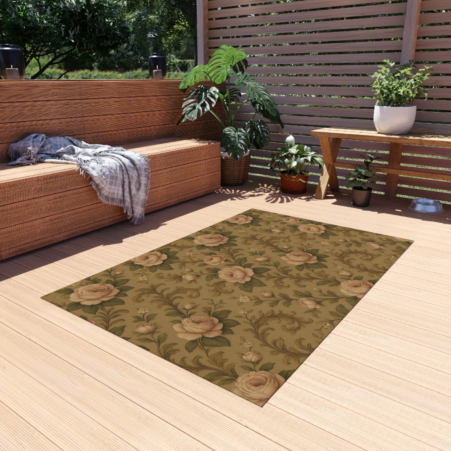Vintage Floral Outdoor Rug, Boho Patio Mat, Garden Floor Decor, Rustic Outdoor Carpet, Perfect for Picnics & BBQs