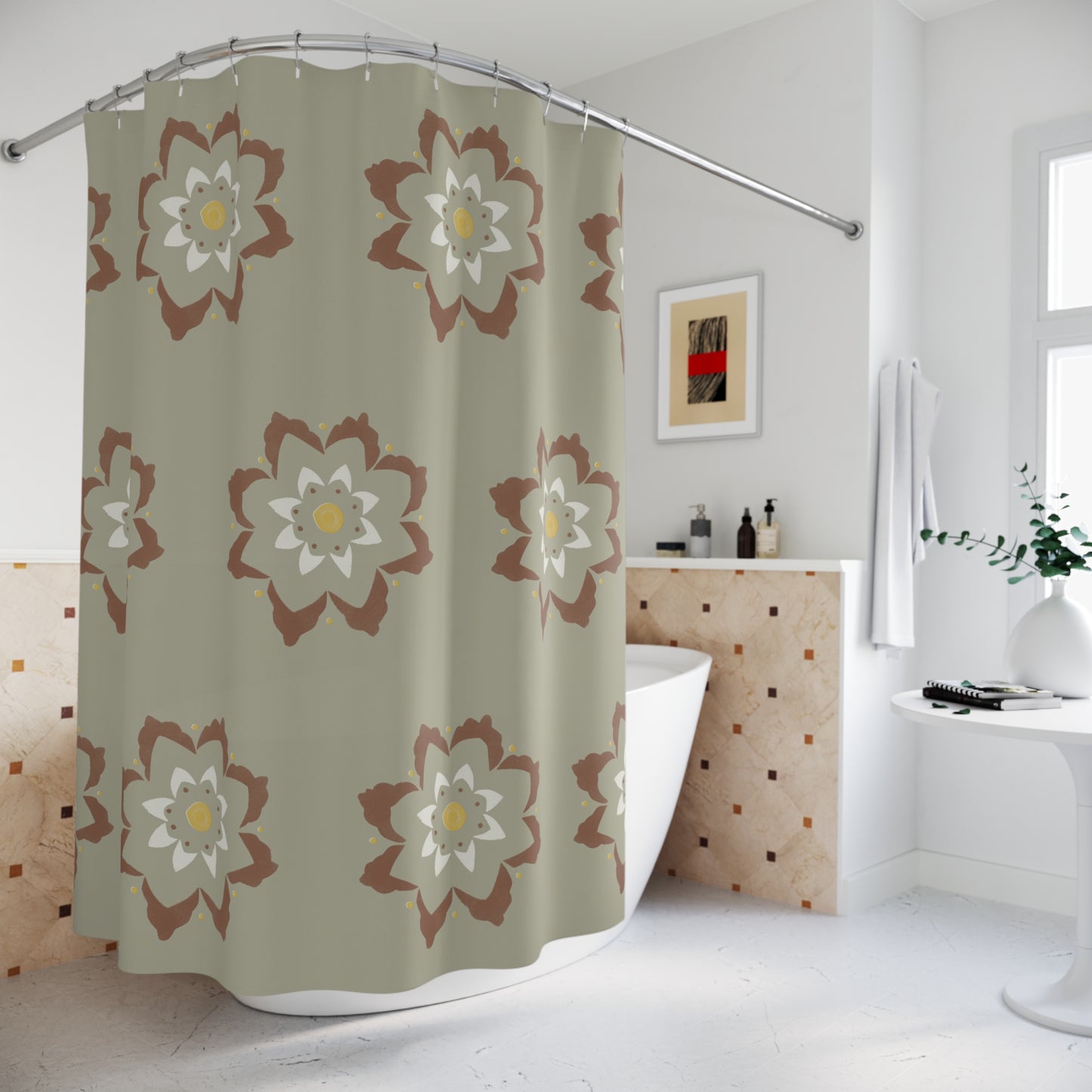 Fantasy Collection Large Flower Stencil Rust, Gold, White, Taupe Shower Curtains