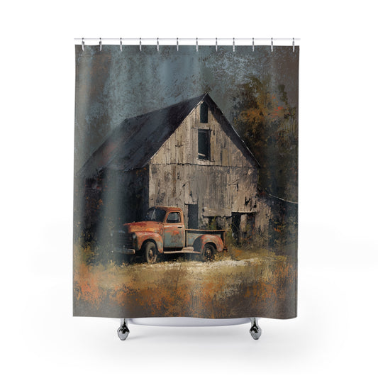 Rustic Barn Shower Curtain, Farmhouse Decor, Vintage Truck Design, Country Style